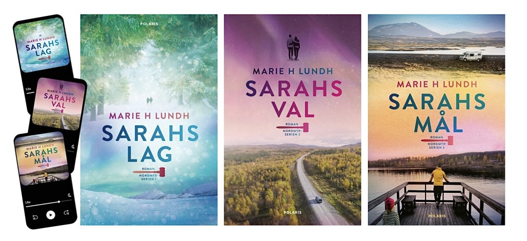 Bilden visar de tre böckerna i Nordmyrserien. Del 1, Sarah lag, är blågrön och visar en snöig skog. Del 2, Sarahs val, är lila och visar en campervan på en höstväg. Del 3, Sarahs mål, är i orange och visar ett fjällområde med vatten, en man i gul jacka och ett barn med mössa.